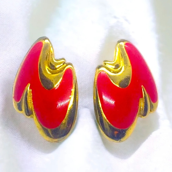 Vintage Gold Tone Red Enamel Pierced Earrings - Picture 2 of 3